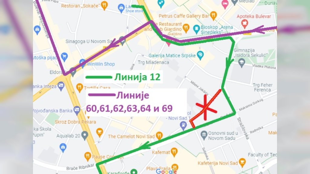 PRIVREMENA IZMENA TRASE AUTOBUSA LINIJA 12, 60, 61, 62, 63, 64, 69 u Ulici Vojvođanskih brigada