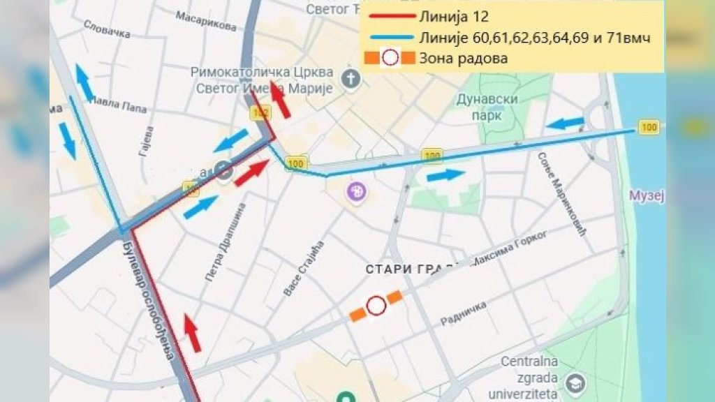 PRIVREMENA IZMENA TRASA AUTOBUSA LINIJA BROJ 12, 60, 61, 62, 63, 64, 69 i 71vmč