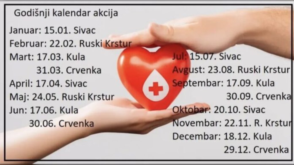Crveni krst Kula: Godišnji kalendar akcija dobrovoljnog davanja krvi