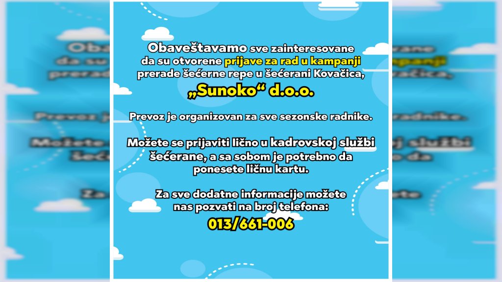 Otvorene prijave za rad u kampanji u šećerani Kovačica, „Sunoko“ d.o.o.