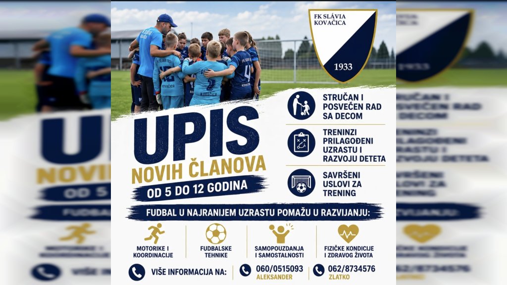 FK Slavia Kovačica upisuje nove članove u školu fudbala