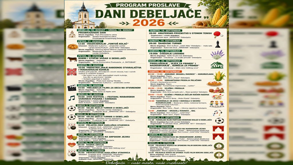 Dani Debeljače 2026: Bogat program od Preobraženskih dana do Kukuruzijade, sportskih i kulturnih manifestacija