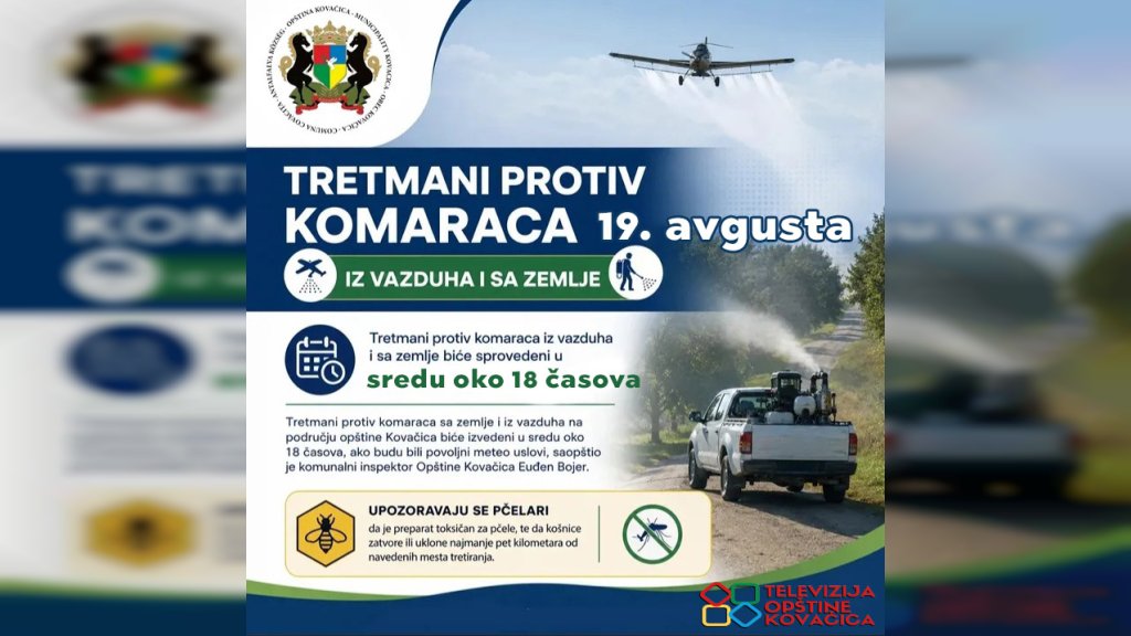 U sredu 19. avgusta prskanje komaraca sa zemlje i iz vazduha