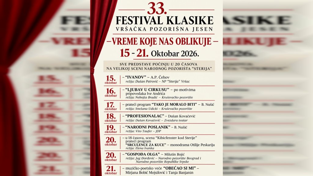 Vršačka pozorišna jesen - 33. festival klasike od 15. do 21. oktobra