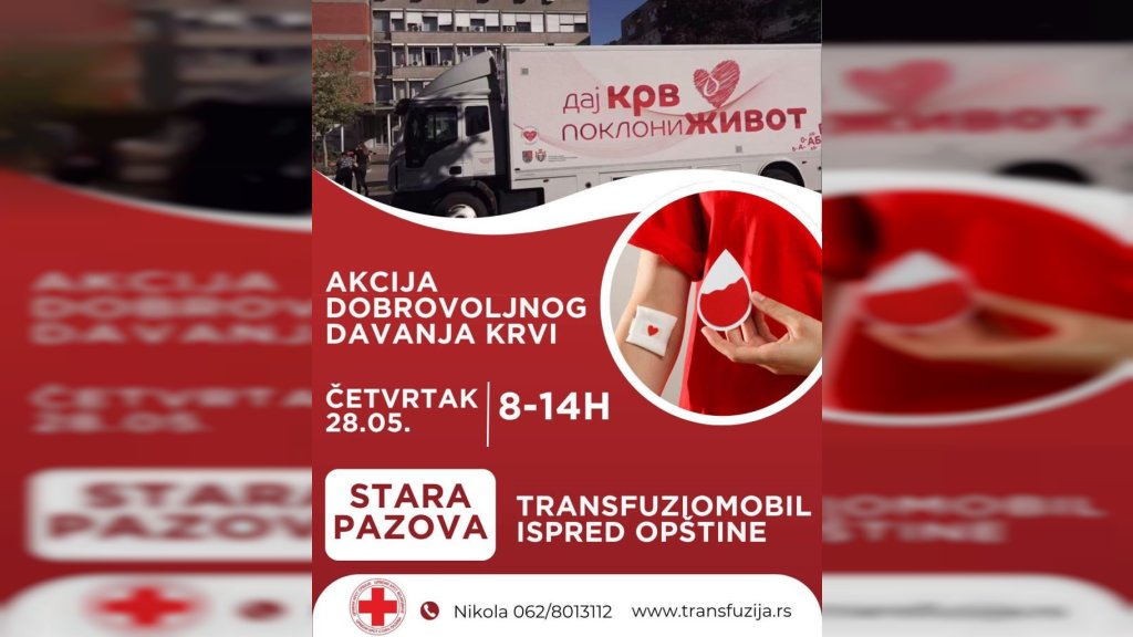 Sutra redovna akcija dobrovoljnog davanja krvi ispred zgrade Opštine Stara Pazova
