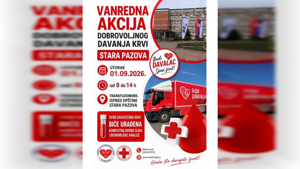 Sutra vanredna akcija dobrovoljnog davanja krvi u Staroj Pazovi