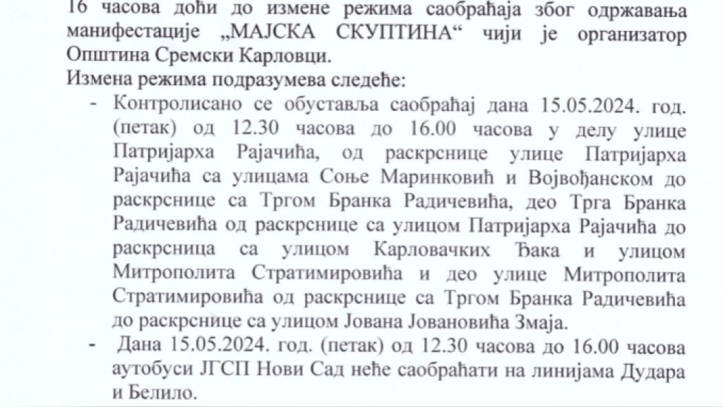 Danas izmena režima saobraćaja u Sremskim Karlovcima zbog manifestacije „Majska skupština“