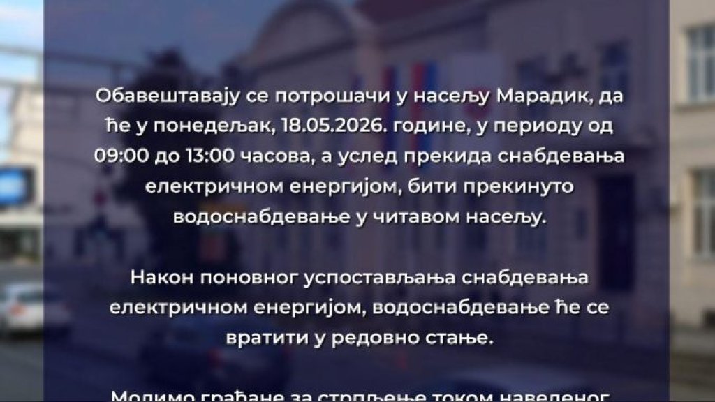 Inđija: Maradik danas bez vode do 13 časova