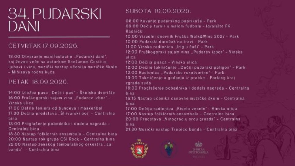 „Pudarski dani” od 17. do 19. septembra u Irigu: Tri dana vina, tradicije, muzike i zabave