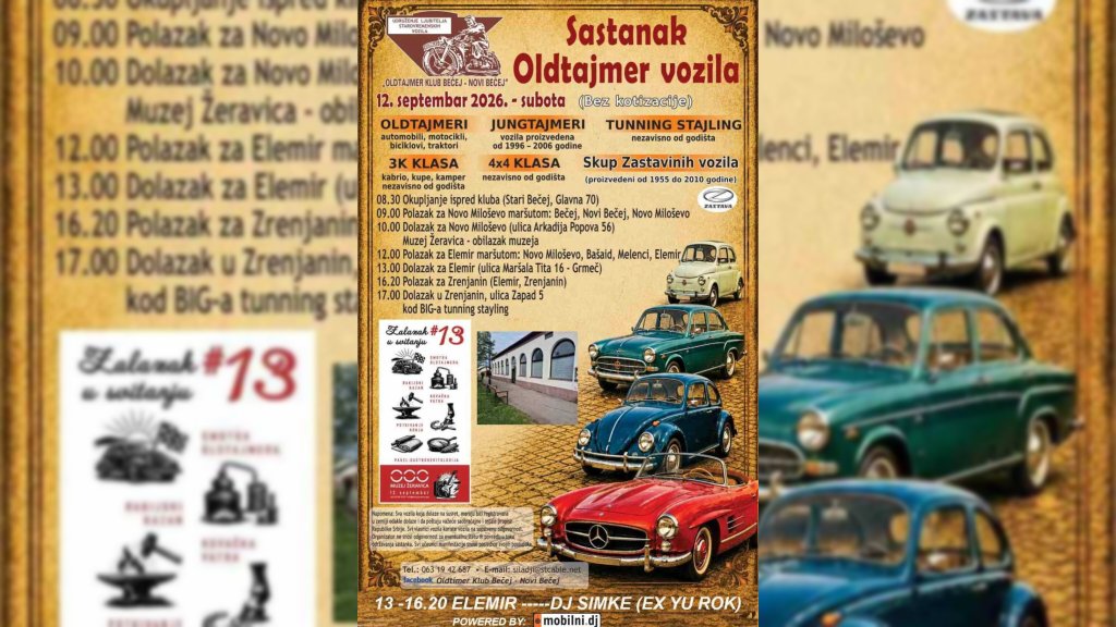 Sastanak oldtajmera 12. septembra: Bečej - Novo Miloševo - Elemir - Zrenjanin